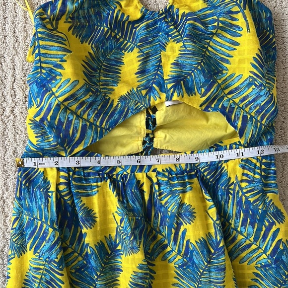 TANYA TAYLOR Palm Print Blue Yellow Halter Cutout Midi Dress 2 - Picture 8 of 10